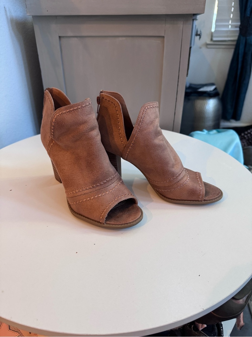 Report Taupe Suede Open-Toe Booties